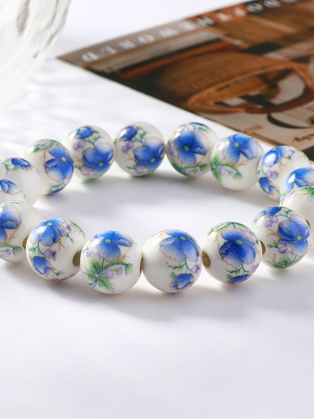 Blue Floral Porcelain Bead Bracelet - Women Jewelry